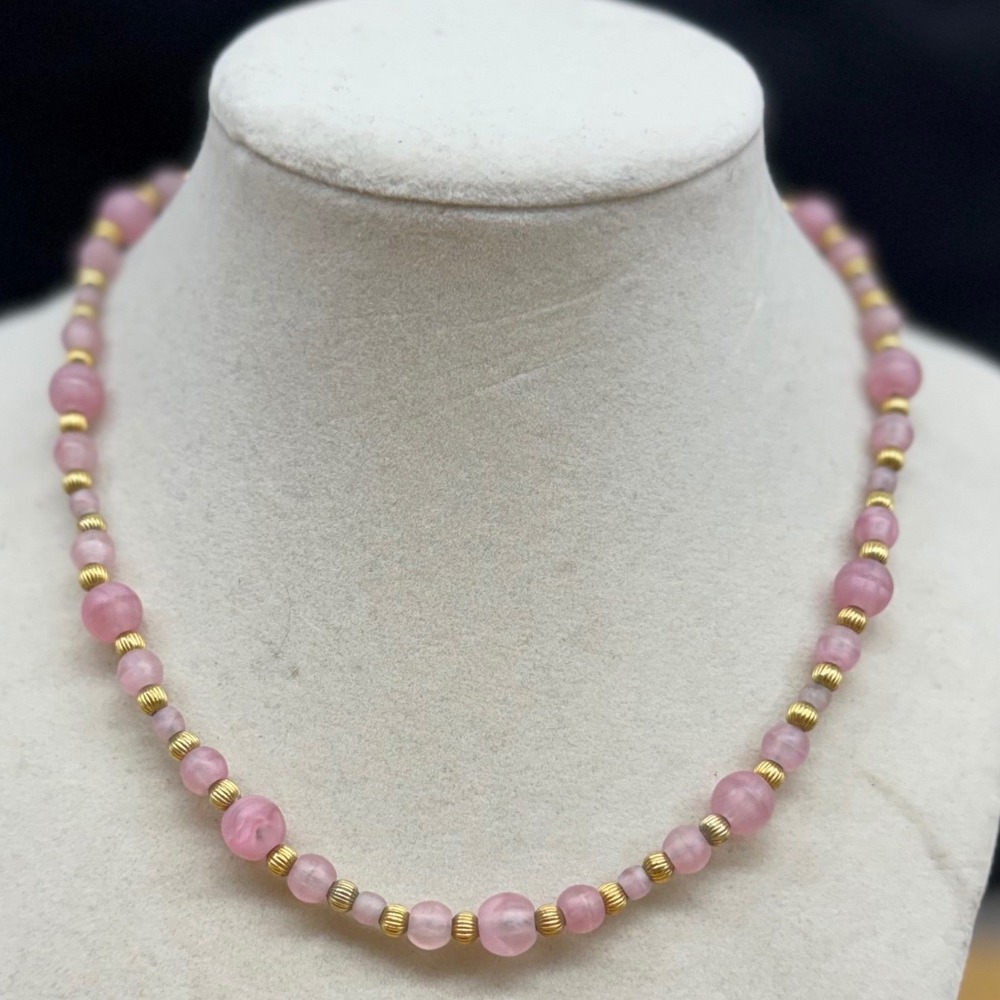 Y2K Napier Vintage Frosted Pink Glass Bead Gold Tone Spacer Necklace 16" Choker